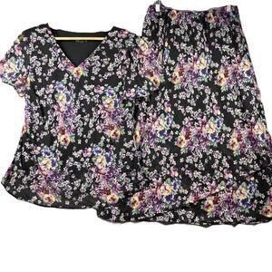 K Woman Vintage 90s Skirt Set Outfit Ruffle Girly Black Purple Floral 14W D152